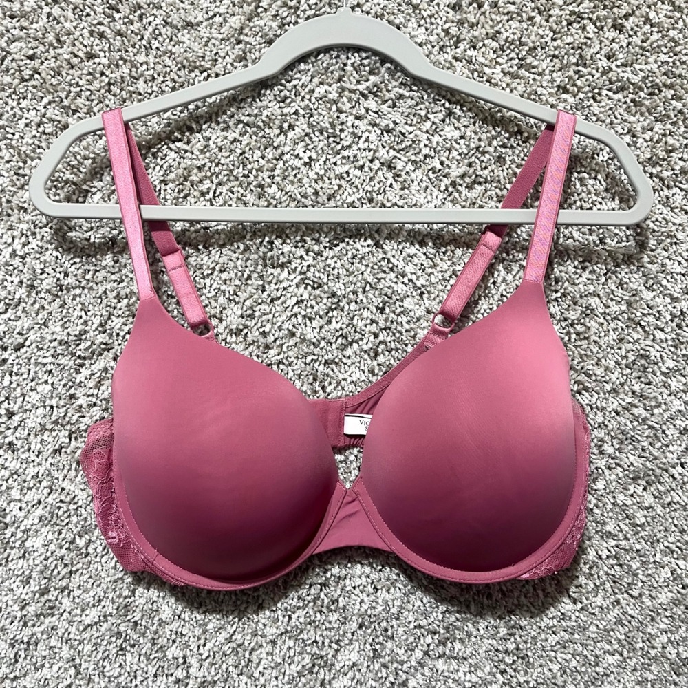 Victoria's Secret Bra Women's 38DD Pink Lace Trim T-Shirt Push-Up Full Coverage